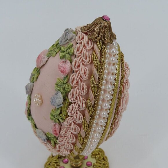 Vintage Handmade Embellished Real Egg Pink Painted Faux Flowers Pedestal Stand - Picture 9 of 16